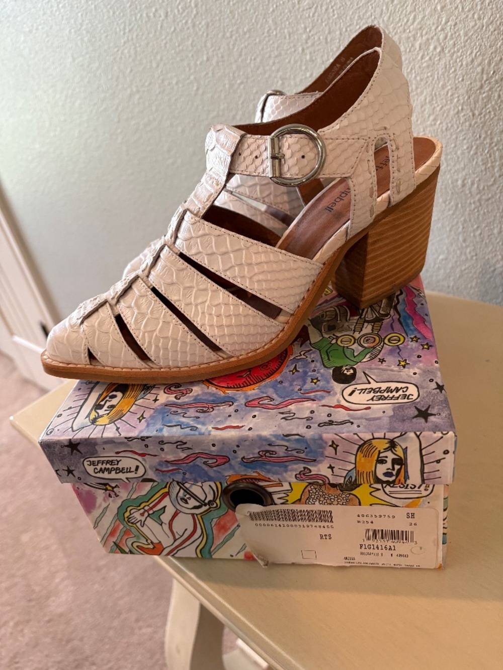 Jeffrey Campbell White Snakeskin Block Heel Sandals Size 8 Angora Style